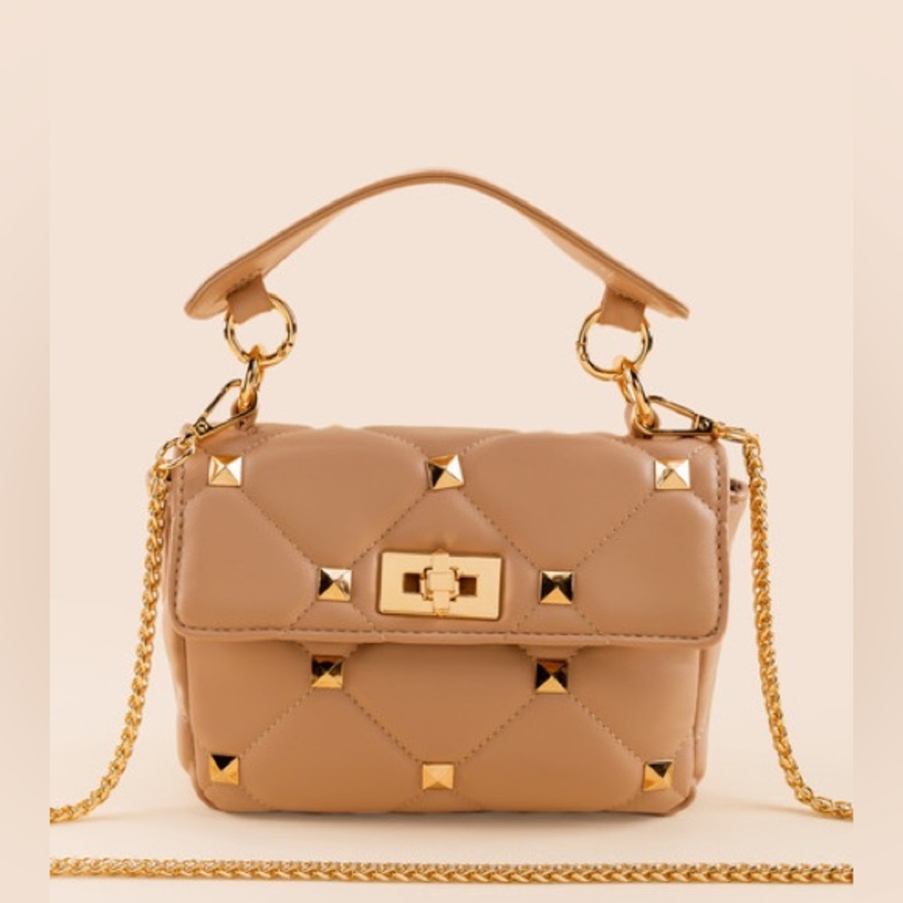 Elegant Tan Quilted Handbag with Gold Accents
